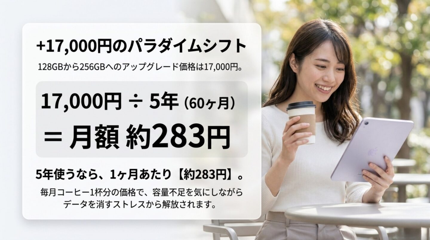 iPad mini 128GBと256GBの価格差 iPad mini 128GBから256GBへの価格差17000円を5年間で月額約283円と示すスライド
