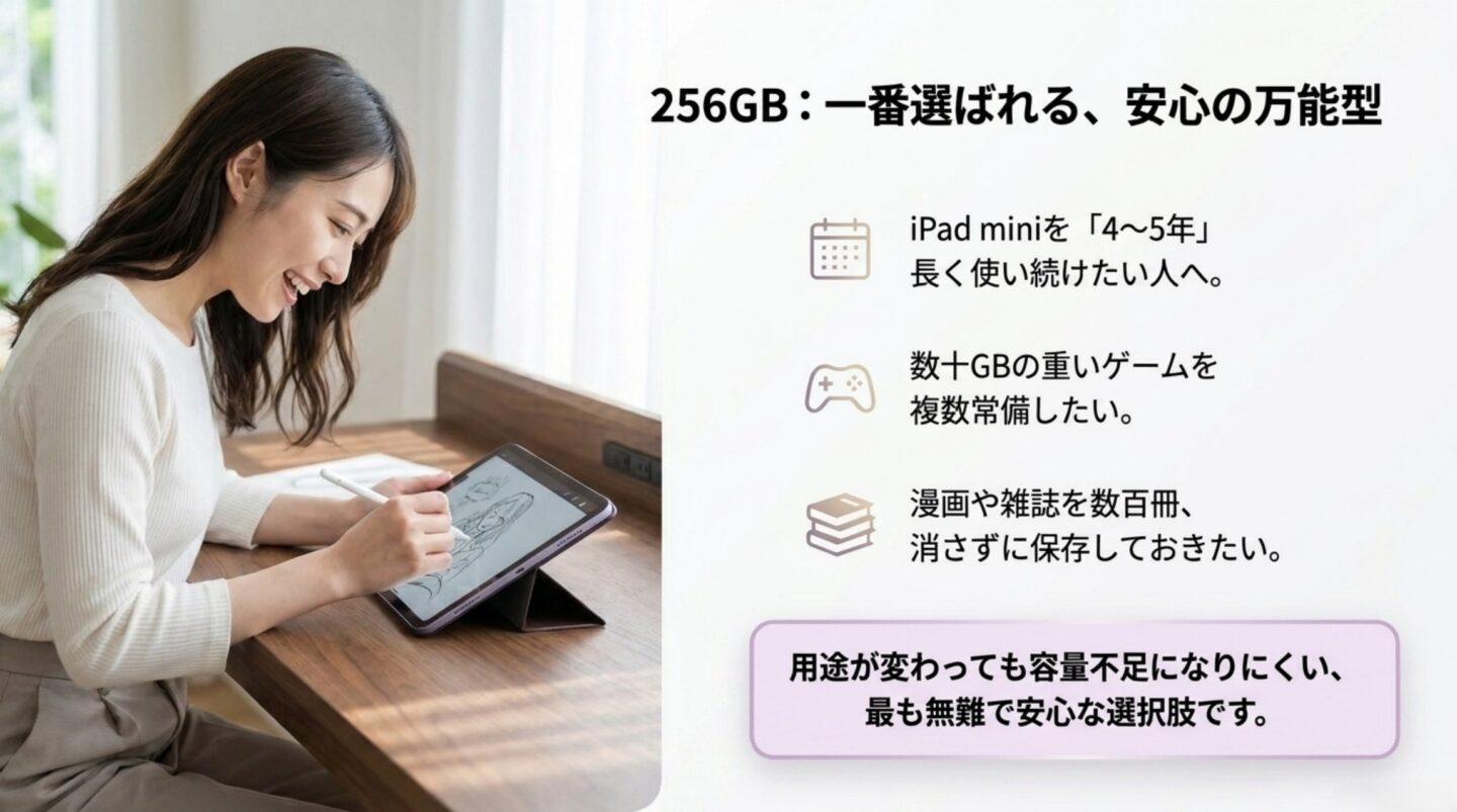 iPad mini 256GBが長期利用に向く理由 iPad mini 256GBが4年から5年の長期利用やゲームと漫画保存に向くことを示すスライド