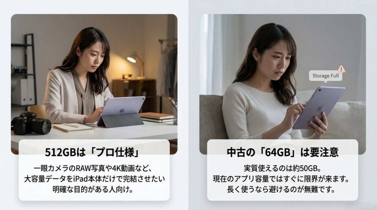 iPad mini 512GBと旧型64GBの違い iPad mini 512GBの用途と中古64GBの容量不足リスクを比較したスライド
