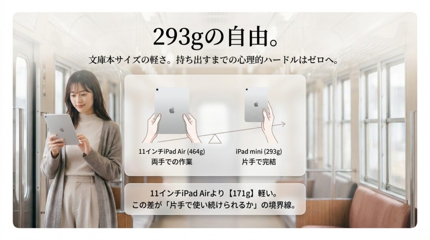 293gのiPad miniと464gの11インチiPad Airの重量と持ち方を比較