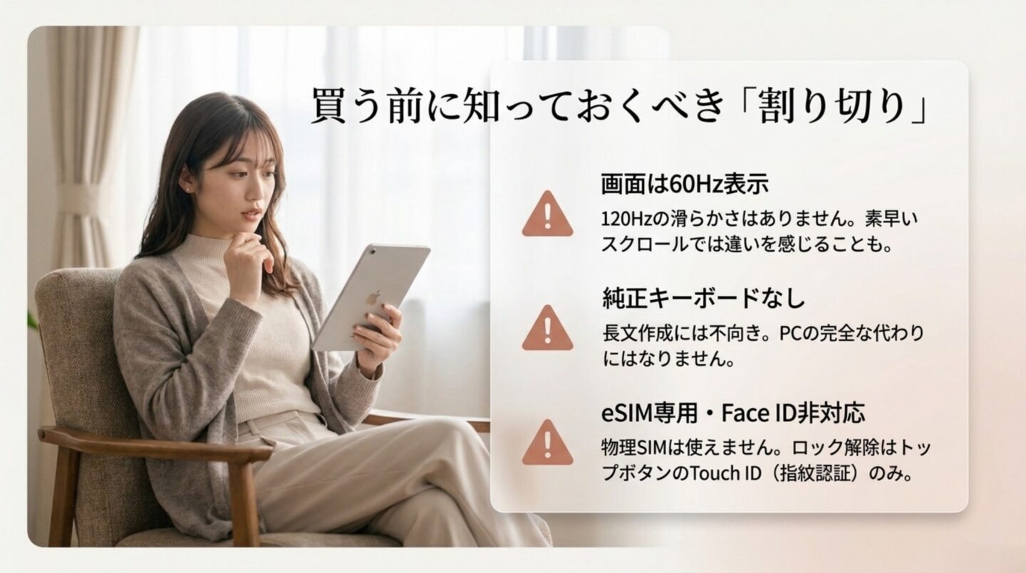 60Hz表示、純正キーボード非対応、eSIM専用とFace ID非対応の注意点