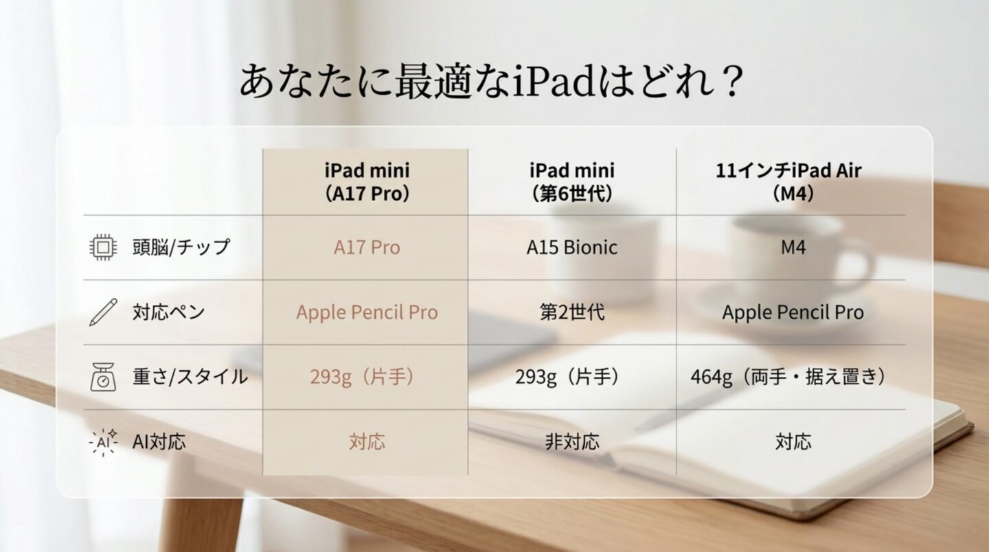 iPad mini A17 Pro、第6世代、11インチiPad Air M4の性能と重さを比較