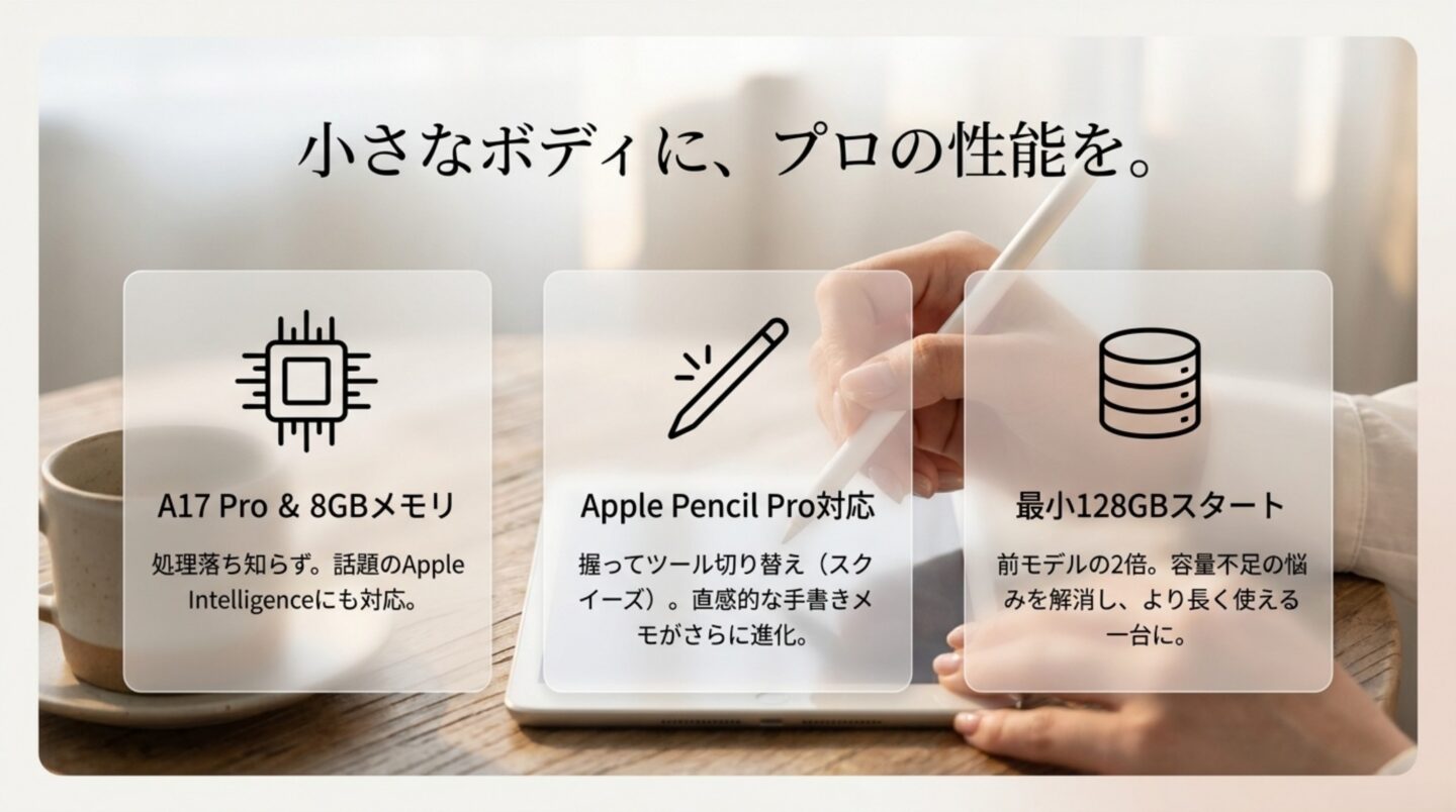 A17 Proと8GBメモリ、Apple Pencil Pro、128GBストレージを解説
