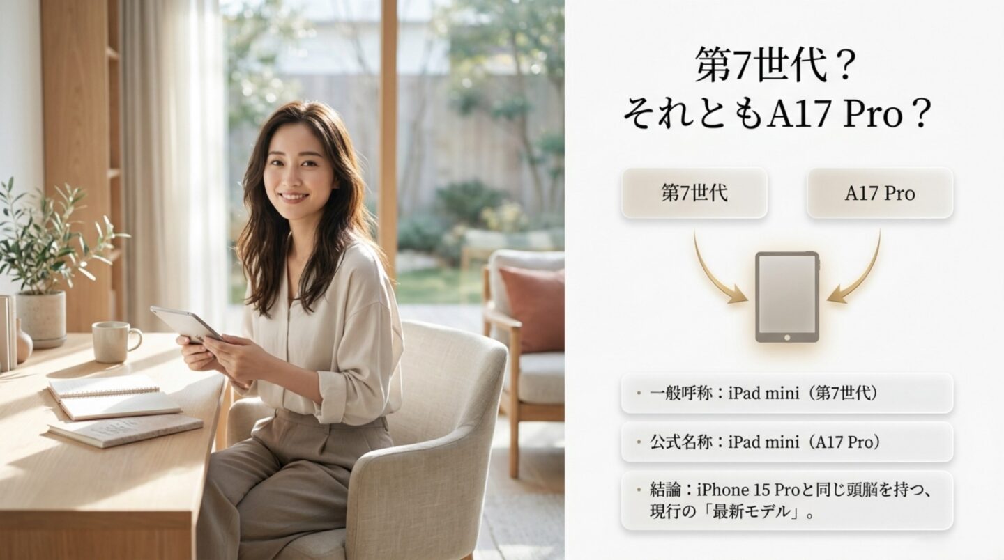 iPad mini第7世代とA17 Proという呼び方の違いを説明するスライド