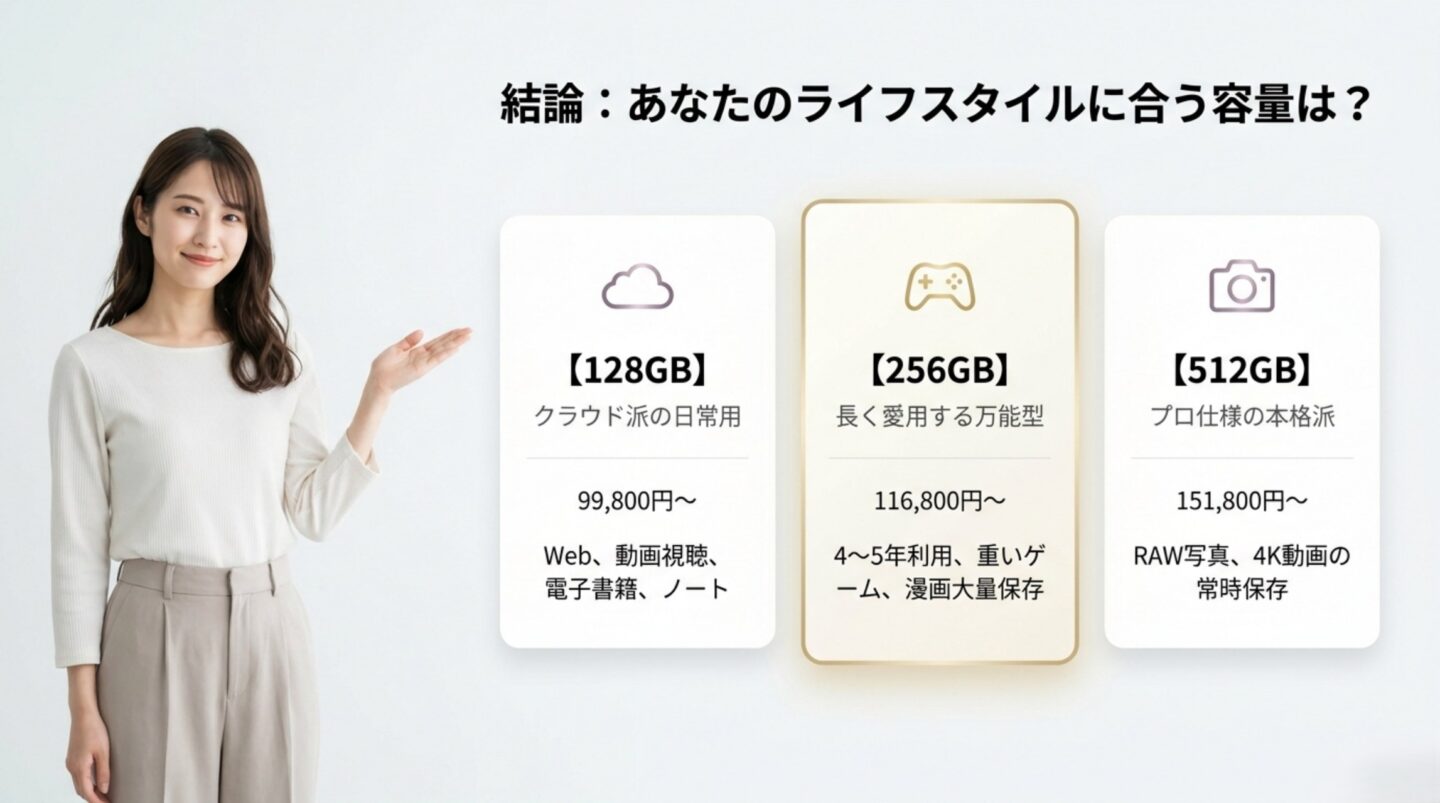 iPad mini 128GB・256GB・512GBのおすすめ比較 iPad miniの128GB・256GB・512GBについて価格とおすすめ用途を比較したスライド
