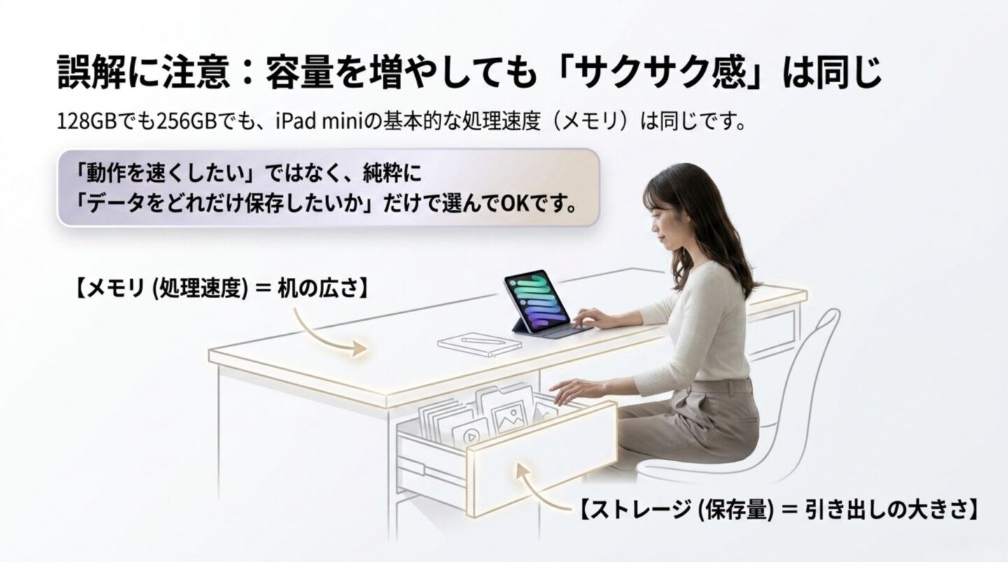 iPad miniのメモリとストレージの違い iPad miniのメモリは机の広さでストレージは引き出しの大きさと説明するスライド