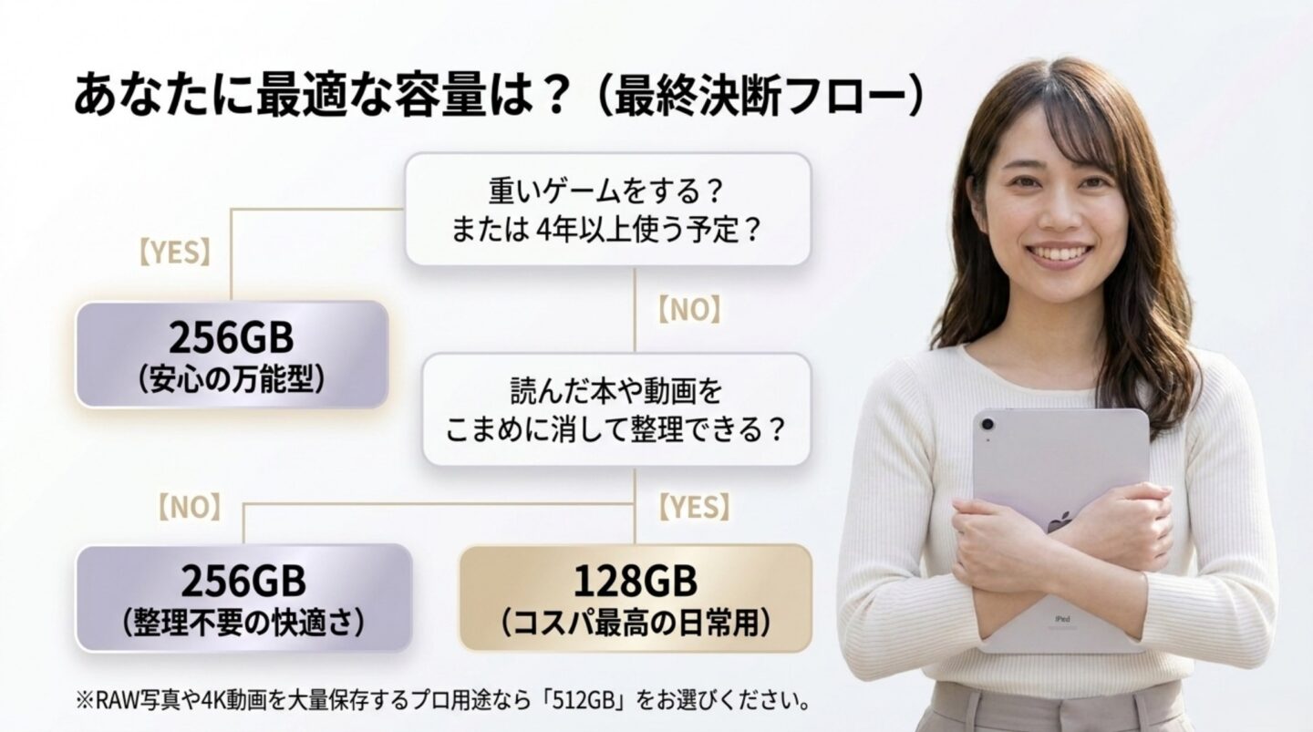 iPad mini容量選びの最終判断フロー iPad miniの128GBと256GBをゲームや利用年数とデータ整理の可否で選ぶフローチャート