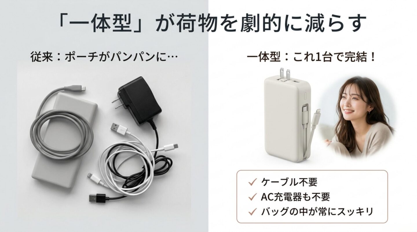 一体型モバイルバッテリーで荷物を減らす 従来のモバイルバッテリーとケーブルやAC充電器を一体化した3in1型の荷物量を比較するスライド