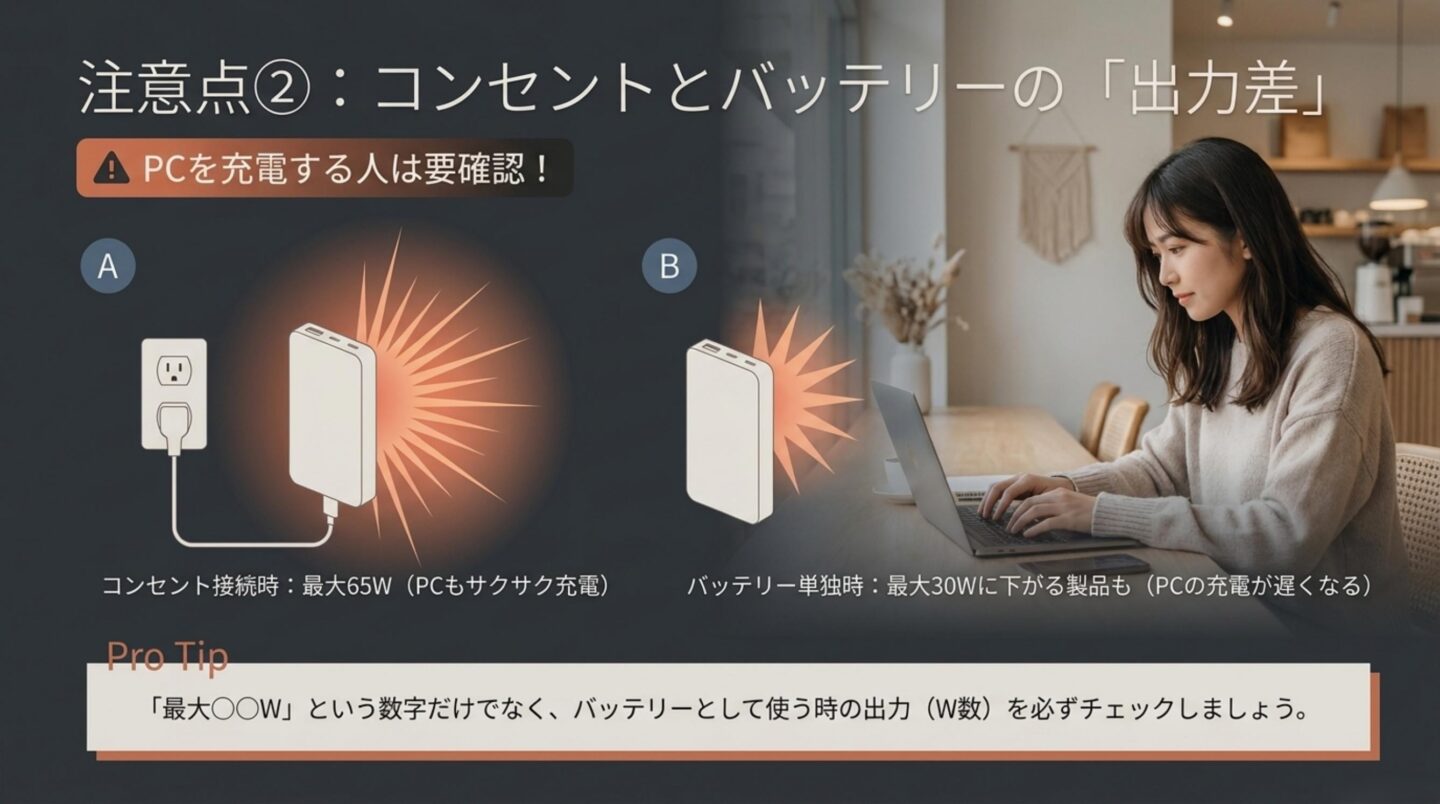 コンセント時とバッテリー時の出力差 コンセント接続時とバッテリー単独時で最大出力が異なるモバイルバッテリーの注意点を示すスライド