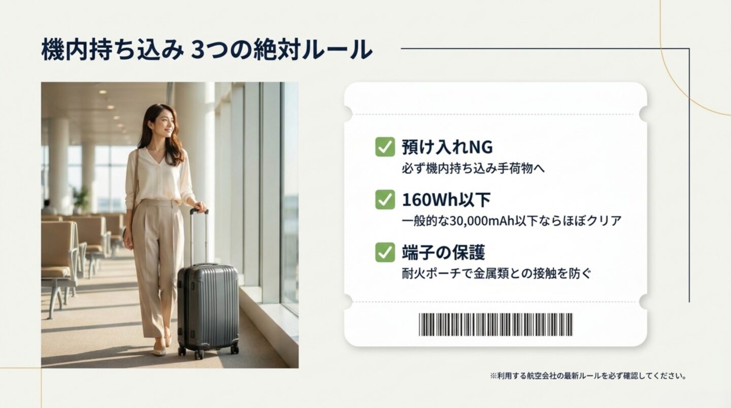 モバイルバッテリーの預け入れ禁止、160Wh以下、端子保護など機内持ち込みの注意点を示すスライド