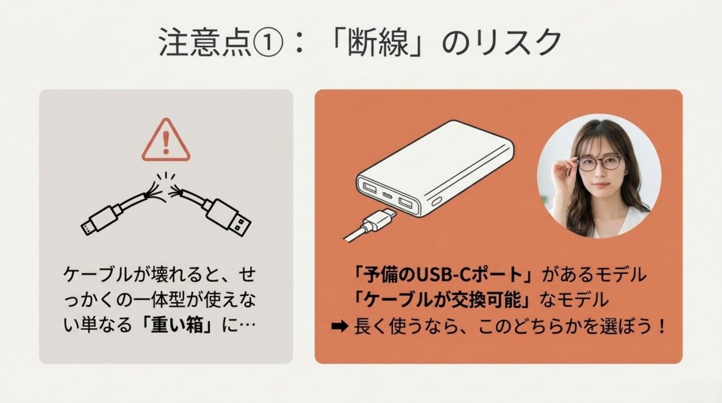 ケーブル内蔵モバイルバッテリーの断線リスク 内蔵ケーブル断線時は予備USB-Cポートまたは交換可能ケーブルを備えたモデルが有効と示すスライド