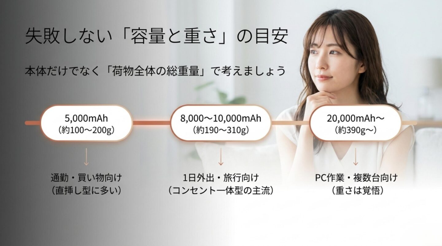 モバイルバッテリー容量と重さの目安 5000mAh、8000から10000mAh、20000mAh以上のモバイルバッテリーの重量と用途の目安