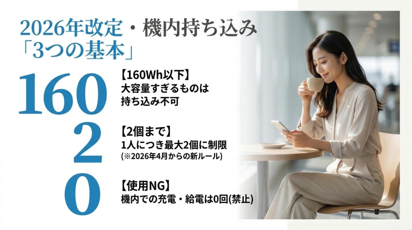 160Wh以下、1人2個まで、機内で充電や給電をしない2026年の基本ルール