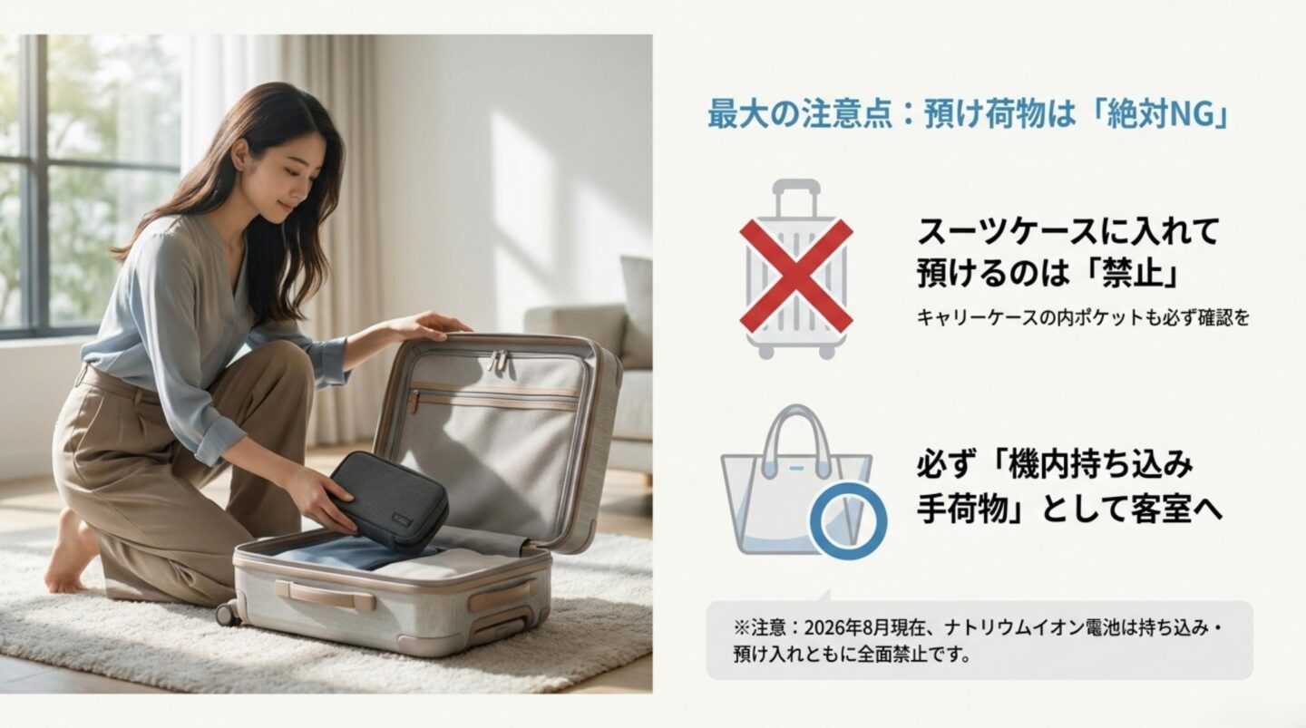 モバイルバッテリーをスーツケースへ入れて預けず機内持ち込み手荷物にする注意点