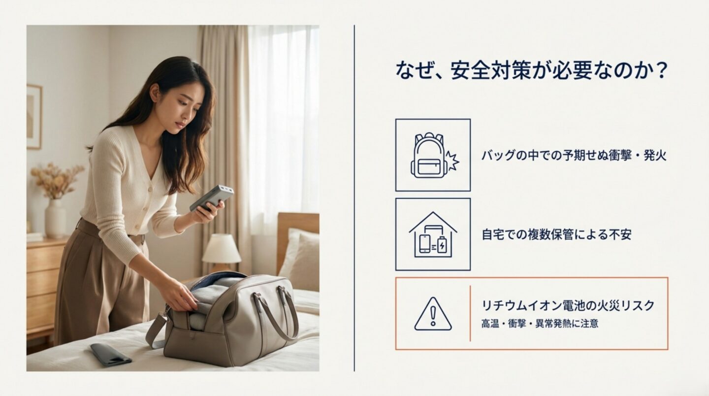 バッグ内の衝撃や自宅保管、高温によるリチウムイオン電池の火災リスクを解説したスライド