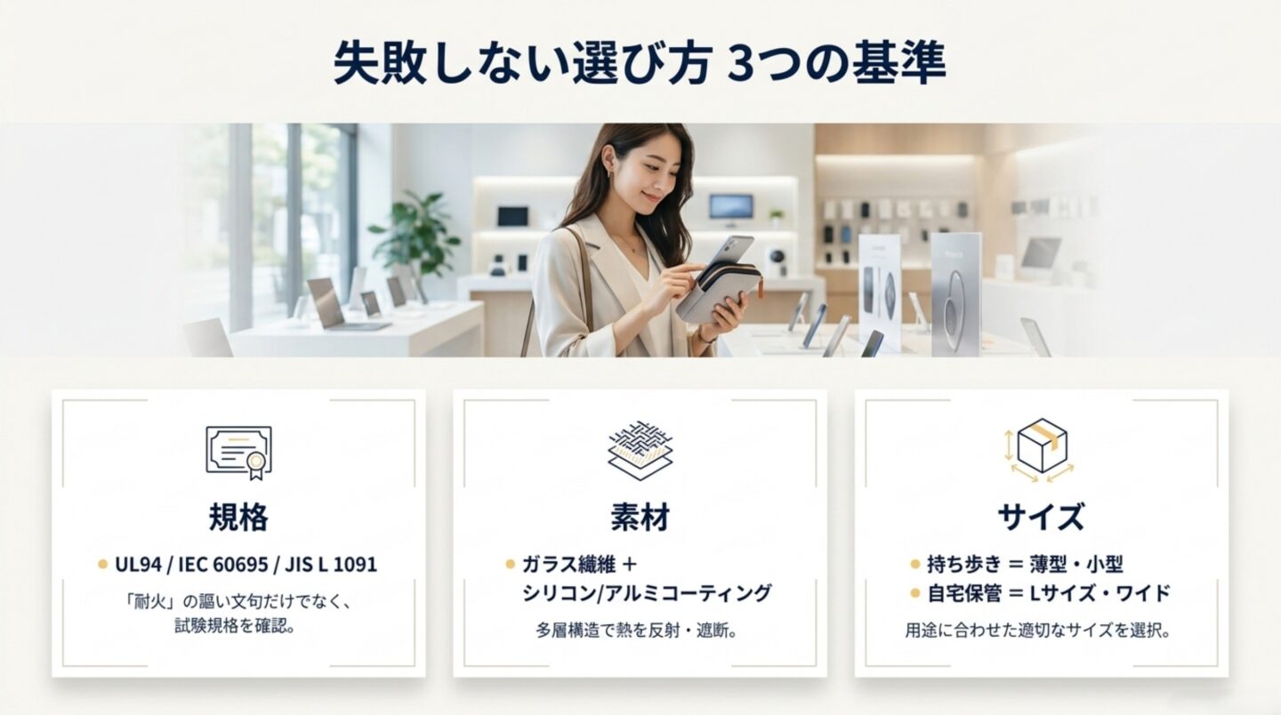 規格・素材・サイズの3項目でモバイルバッテリー耐火ケースの選び方を示すスライド
