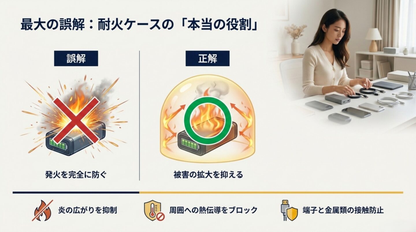 耐火ケースは発火を完全に防ぐのではなく炎の拡大や熱伝導を抑える補助対策と示したスライド