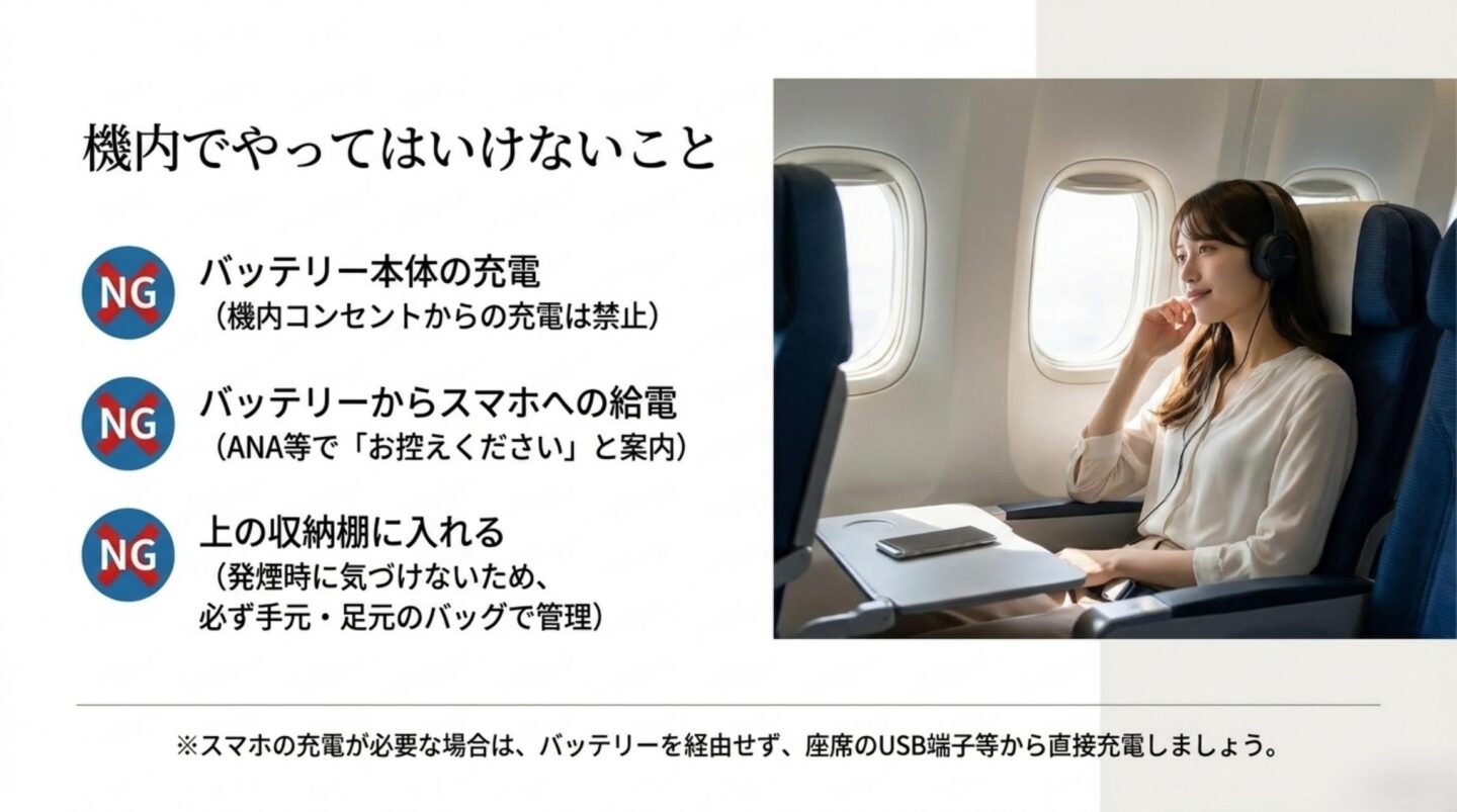 機内でモバイルバッテリー本体の充電やスマホへの給電、頭上収納棚への保管を避ける注意点