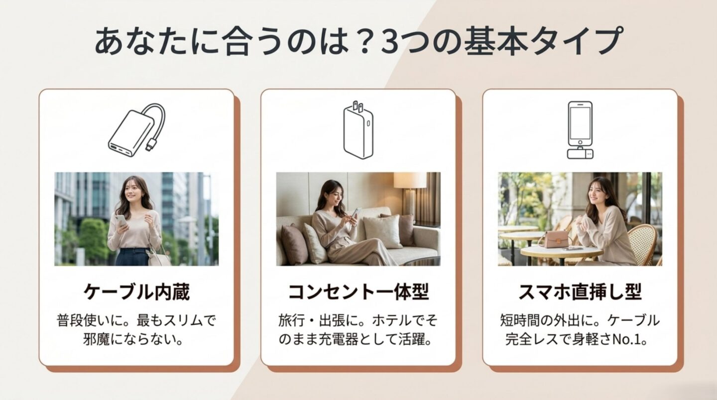 一体型モバイルバッテリー3つの基本タイプ ケーブル内蔵型、コンセント一体型、スマホ直挿し型の特徴を比較したスライド