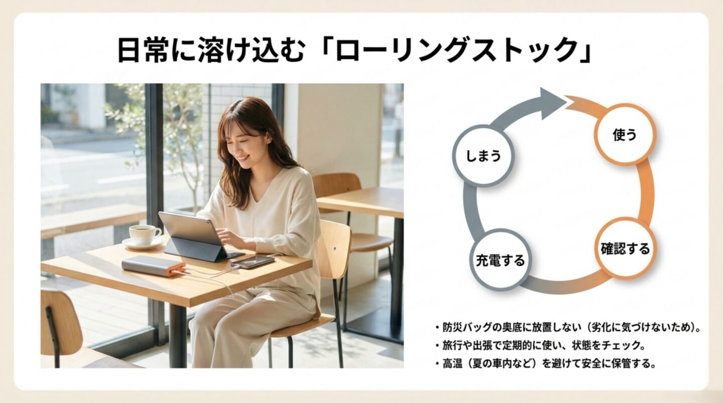 モバイルバッテリーはローリングストック モバイルバッテリーを使う確認する充電するしまうで循環させる管理方法