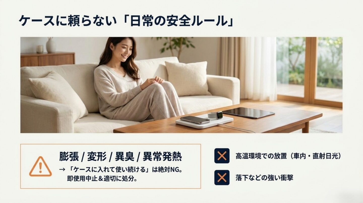 膨張・変形・異臭・異常発熱時の使用中止と高温・衝撃を避ける保管方法を示すスライド