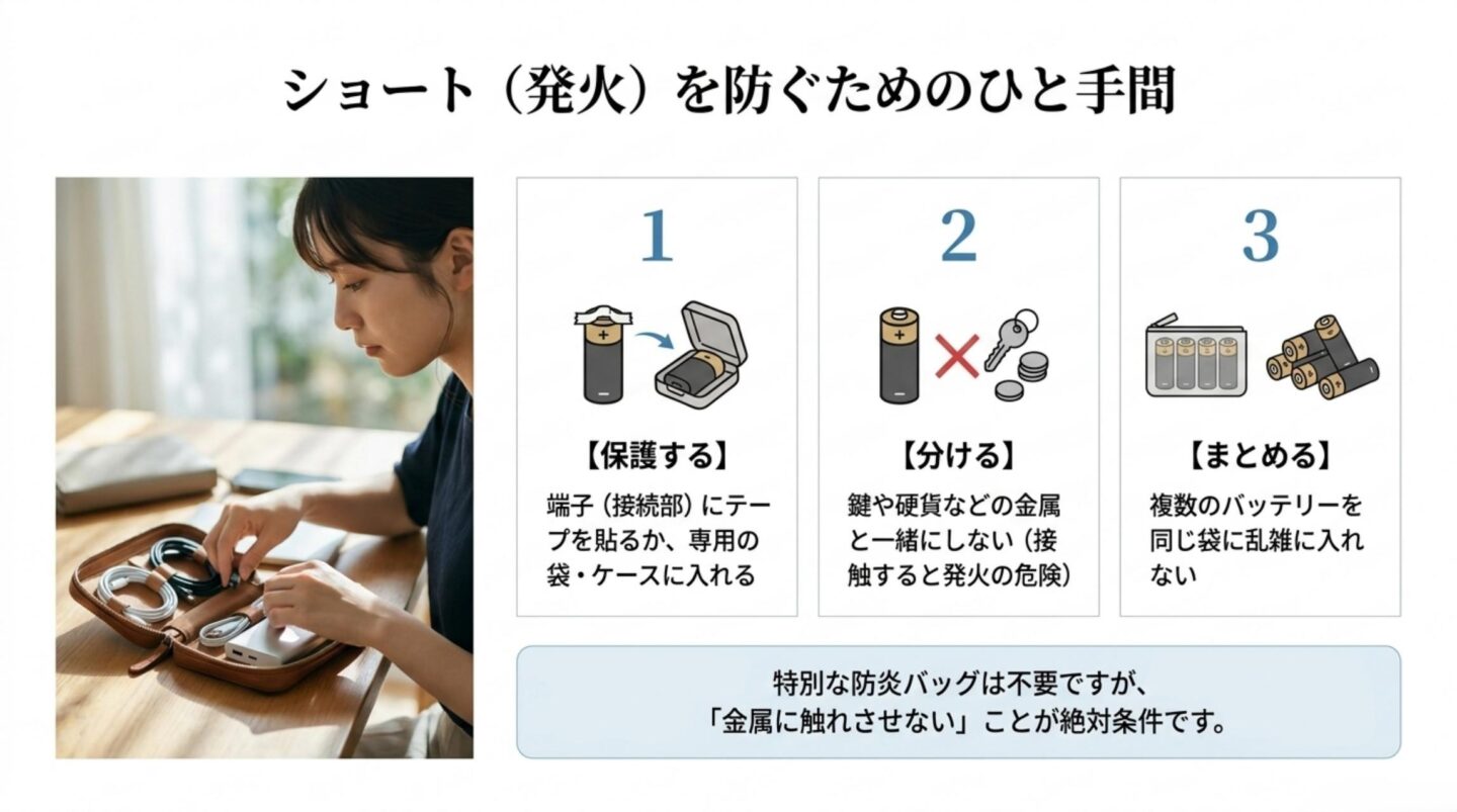端子保護、金属との分離、複数バッテリーの個別収納による短絡防止方法