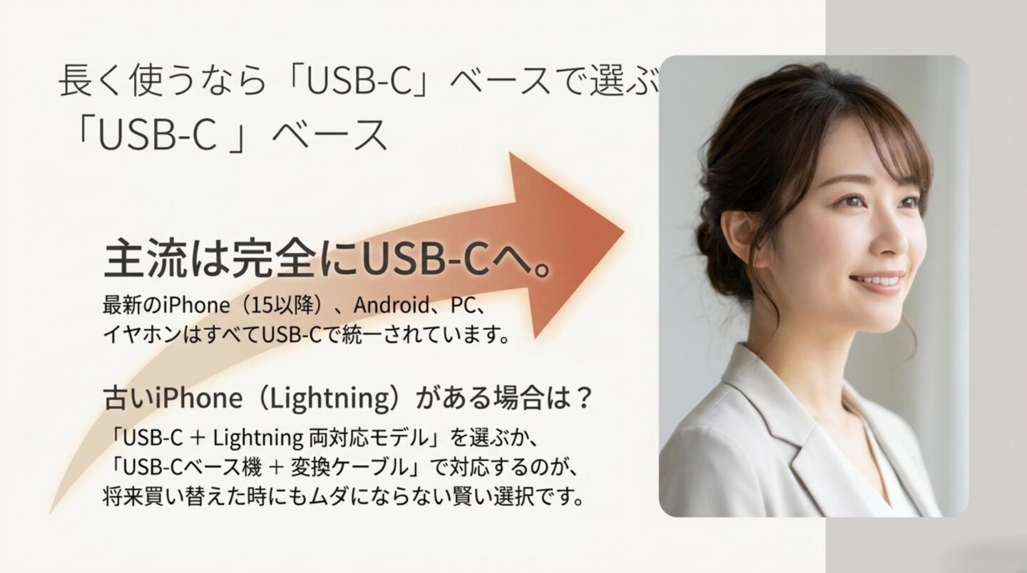 USB-CとLightningの選び方 長く使うならUSB-Cを基本にしてLightning機器は両対応モデルやケーブルで補う選び方を示すスライド