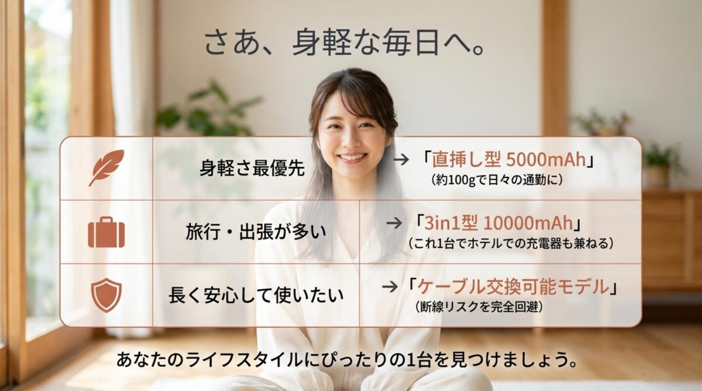 一体型モバイルバッテリー用途別おすすめ 軽さ重視は直挿し5000mAh、旅行や出張は3in1 10000mAh、長期利用はケーブル交換可能モデルという用途別の選び方
