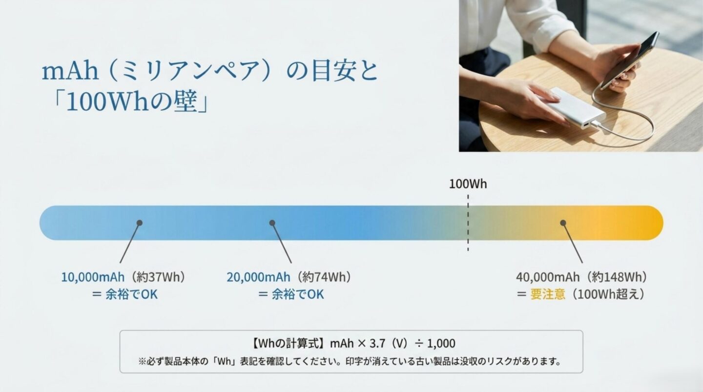 10000mAh・20000mAh・40000mAhのWh換算と100Whの境界を示した図