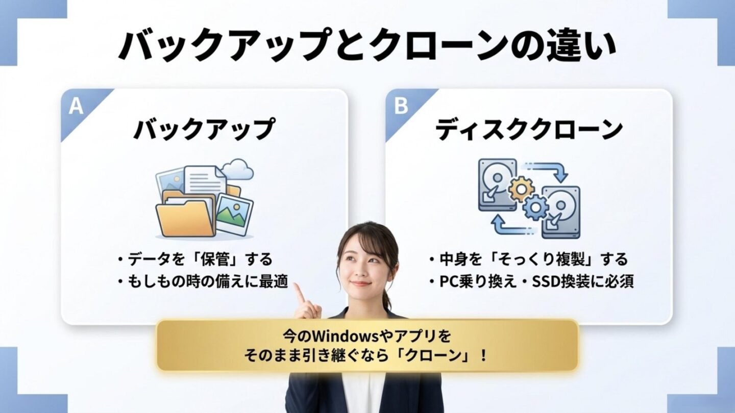 バックアップとディスククローンの違いを比較したスライド