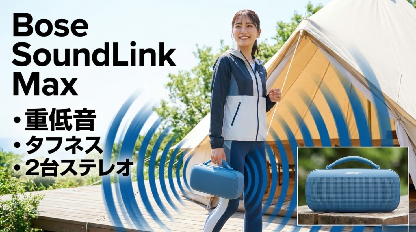 Bose SoundLink Maxの特徴 Bose SoundLink Maxの重低音、タフネス、2台ステレオ運用を紹介するスライド