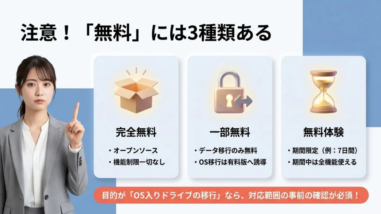 完全無料・一部無料・無料体験の3種類を比較したスライド