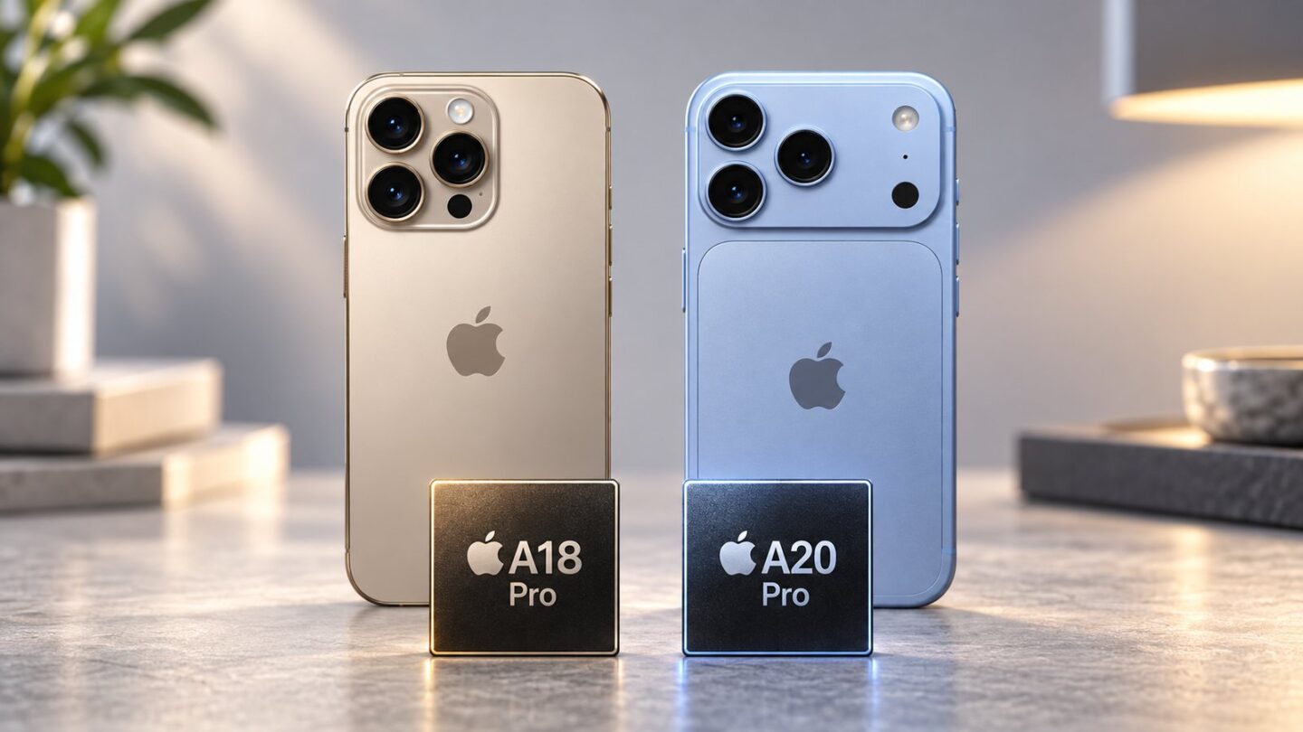 iPhone 16 ProのA18 ProとiPhone 18 ProのA20 Proを並べた比較イメージ