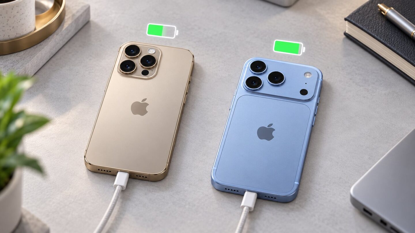 iPhone 16 ProとiPhone 18 ProをUSB-Cで充電している比較イメージ