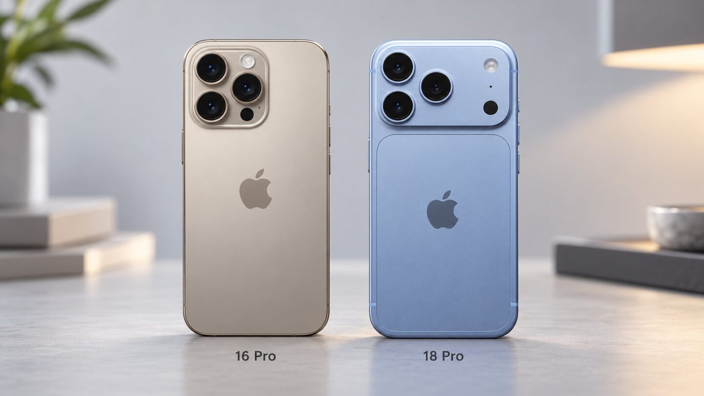iPhone 16 ProとiPhone 18 Proの背面デザインを並べた比較イメージ