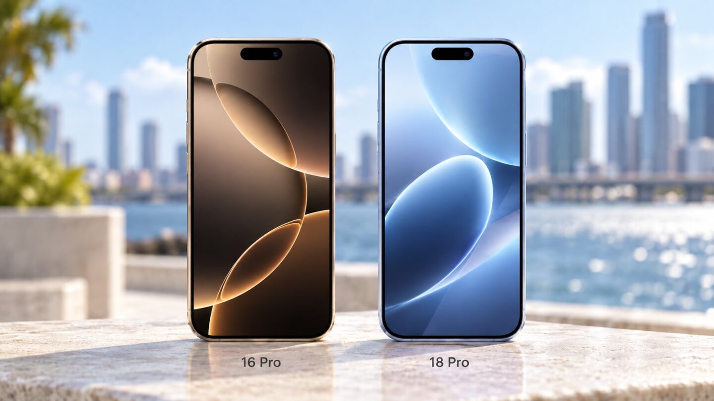 屋外でiPhone 16 ProとiPhone 18 Proのディスプレイを並べた比較イメージ