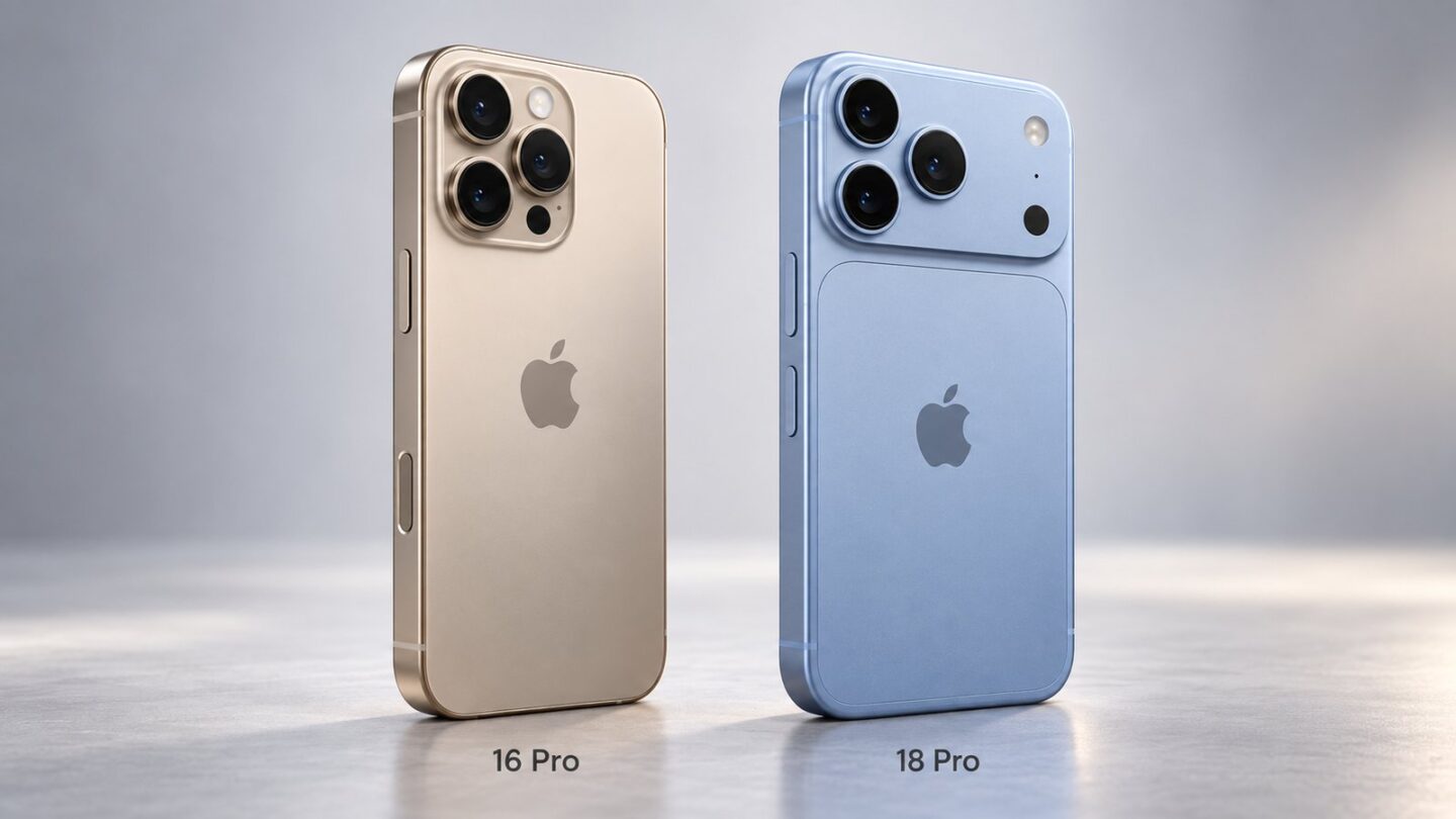 iPhone 16 ProとiPhone 18 Proを斜めから並べてサイズと側面デザインを比較するイメージ