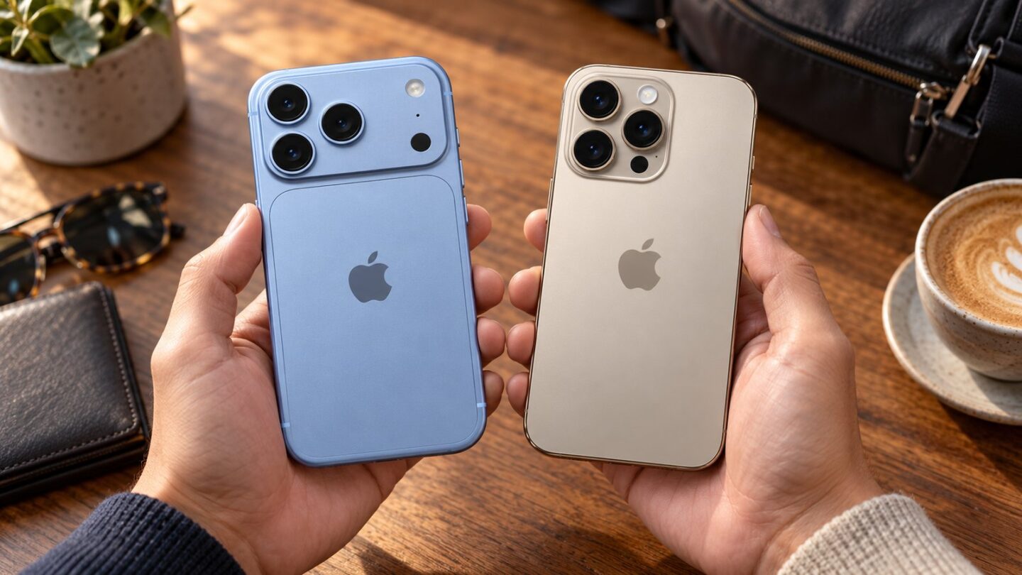 iPhone 16 ProとiPhone 18 Proを両手で持って買い替えを比較するイメージ