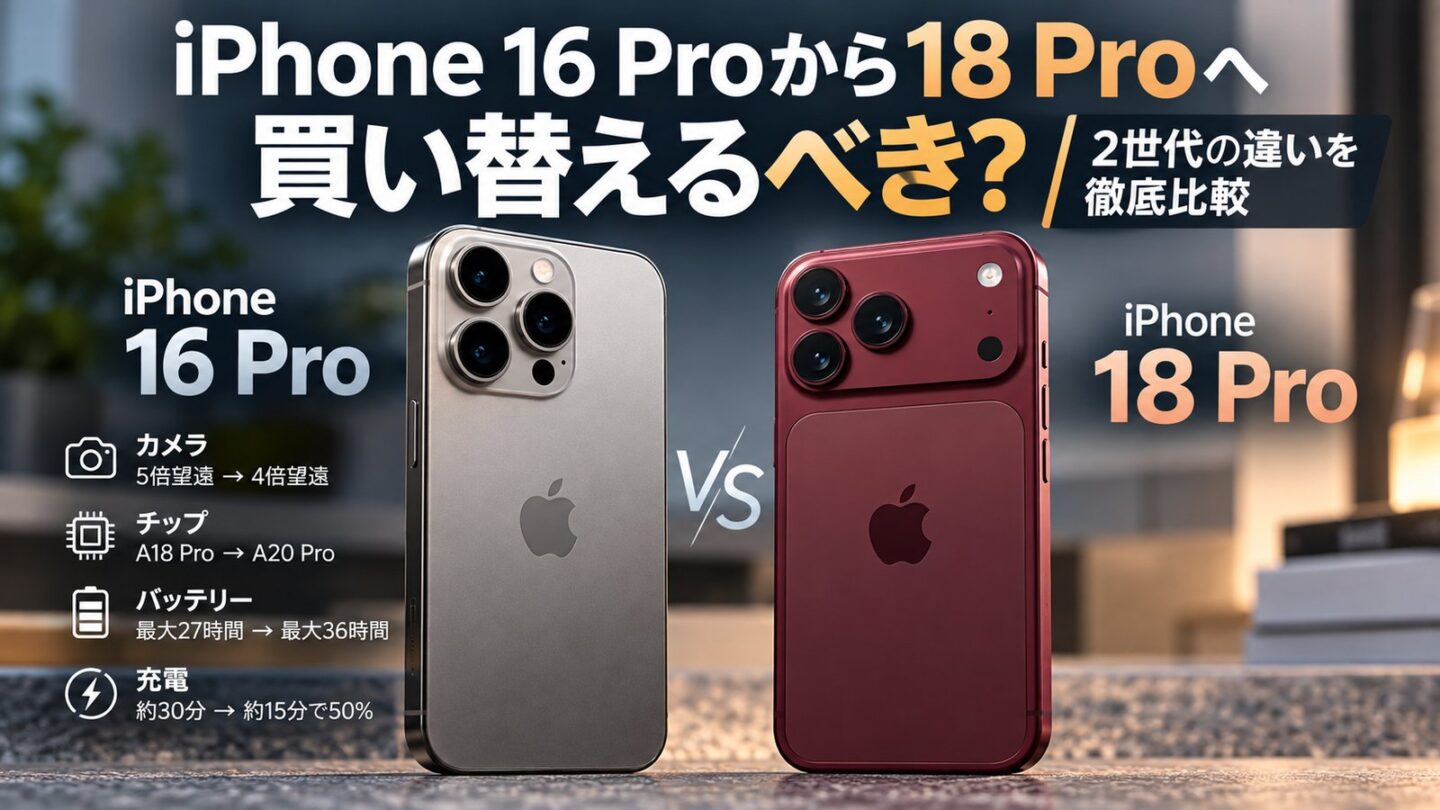 iPhone 16 ProからiPhone 18 Proへの買い替えを、カメラ・チップ・バッテリー・充電性能の2世代差から比較。