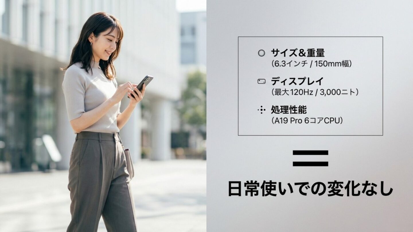 iPhone 17 Proのサイズ、ディスプレイ、A19 Pro性能は日常使いで大きな不満が出にくいことを示す図