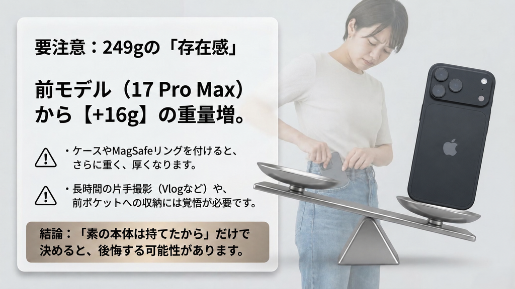 iPhone 18 Pro Maxは249gの重量に注意 iPhone 18 Pro Maxは249gで前モデルより16g重く、ケースやMagSafeリング装着時に注意が必要