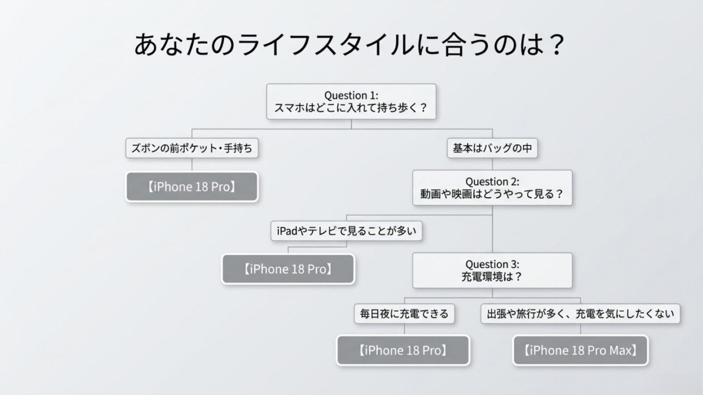 iPhone 18 ProとPro Maxの選び方フローチャート 持ち歩き方、動画の見方、充電環境からiPhone 18 ProとPro Maxを選ぶフローチャート