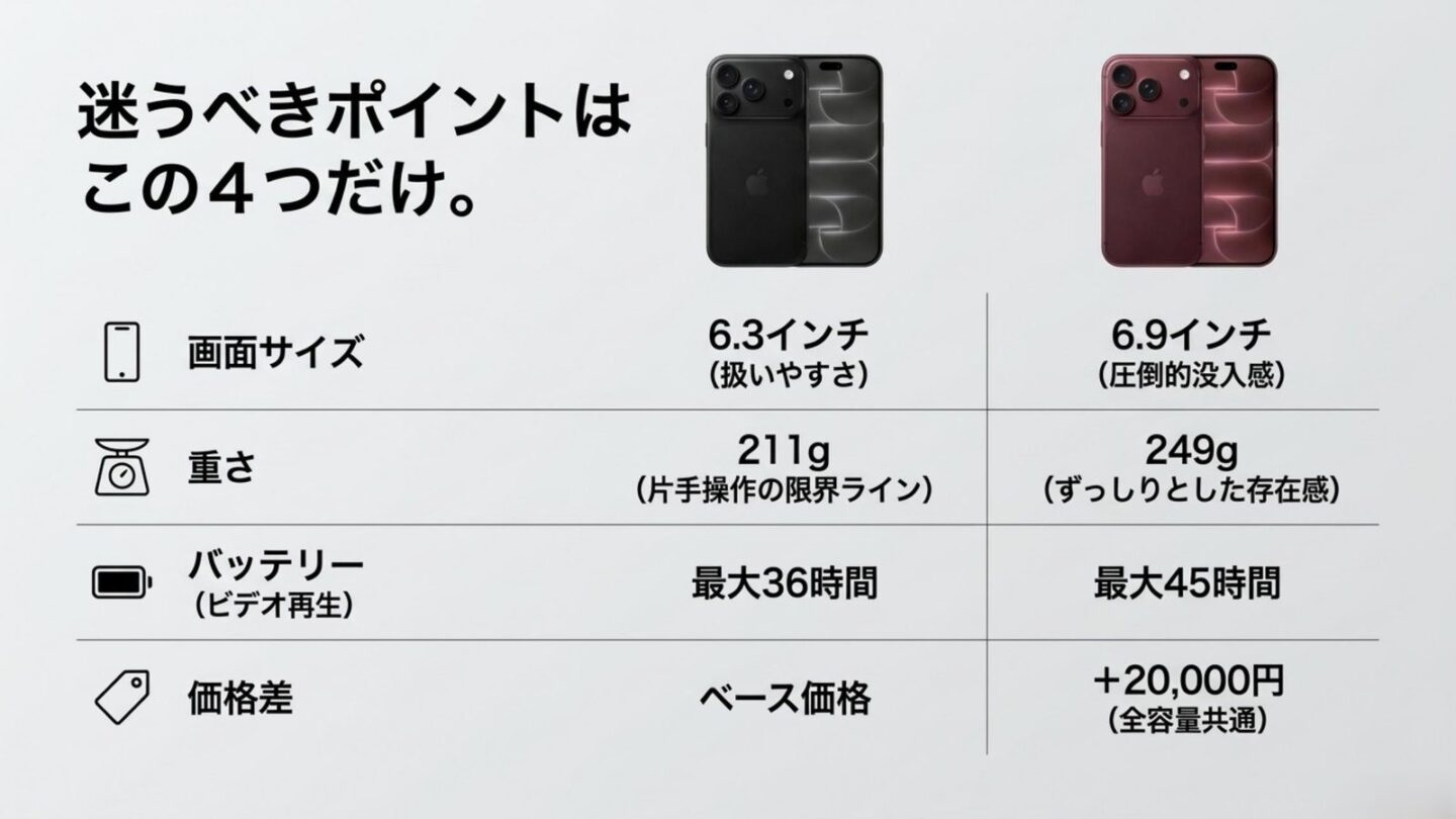 iPhone 18 ProとPro Maxの違い4項目 iPhone 18 ProとPro Maxの画面サイズ、重さ、バッテリー、価格差を比較したスライド