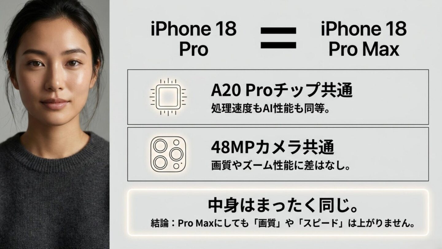 iPhone 18 ProとPro Maxの性能とカメラは共通 iPhone 18 ProとPro MaxはA20 Proチップと48MPカメラが共通であることを示すスライド