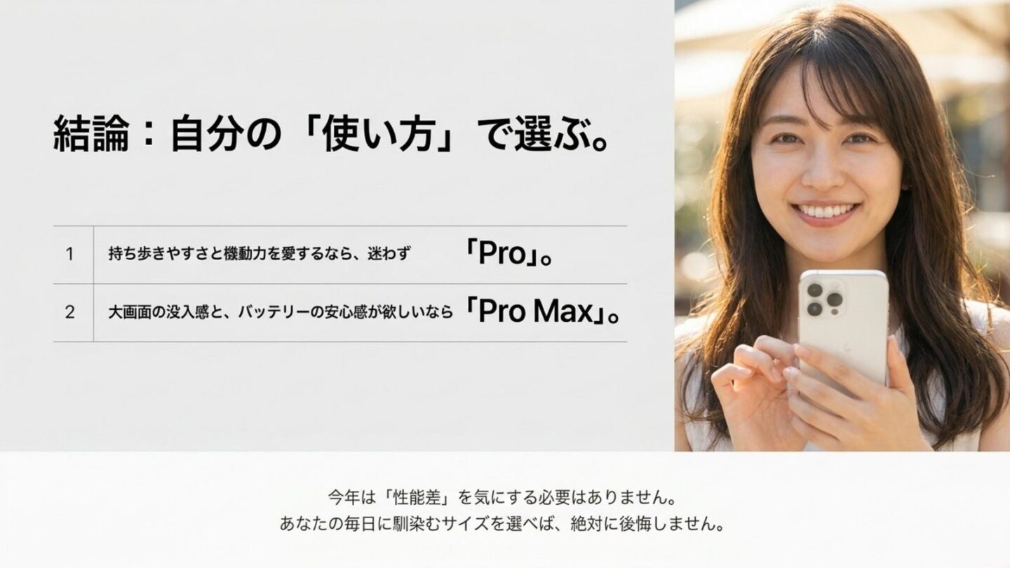 iPhone 18 ProとPro Maxは使い方で選ぶ 携帯性ならiPhone 18 Pro、大画面とバッテリーならPro Maxと結論を示すスライド