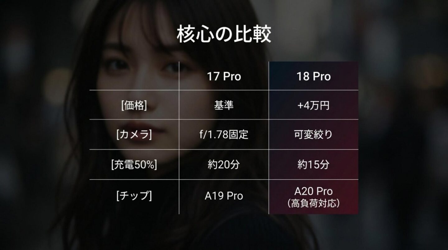 iPhone 18 Proと17 Proの主要比較 iPhone 18 Proと17 Proの価格、カメラ、充電時間、チップを比較したスライド