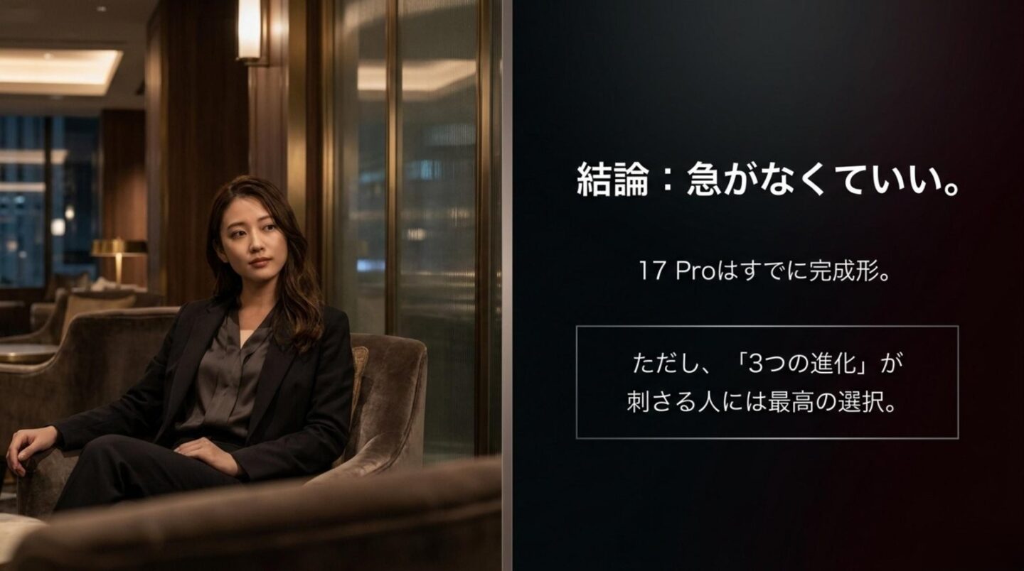 iPhone 17 Proから18 Proへの買い替え結論 iPhone 17 Proは急いで18 Proへ買い替えなくてもよいという結論を示すスライド