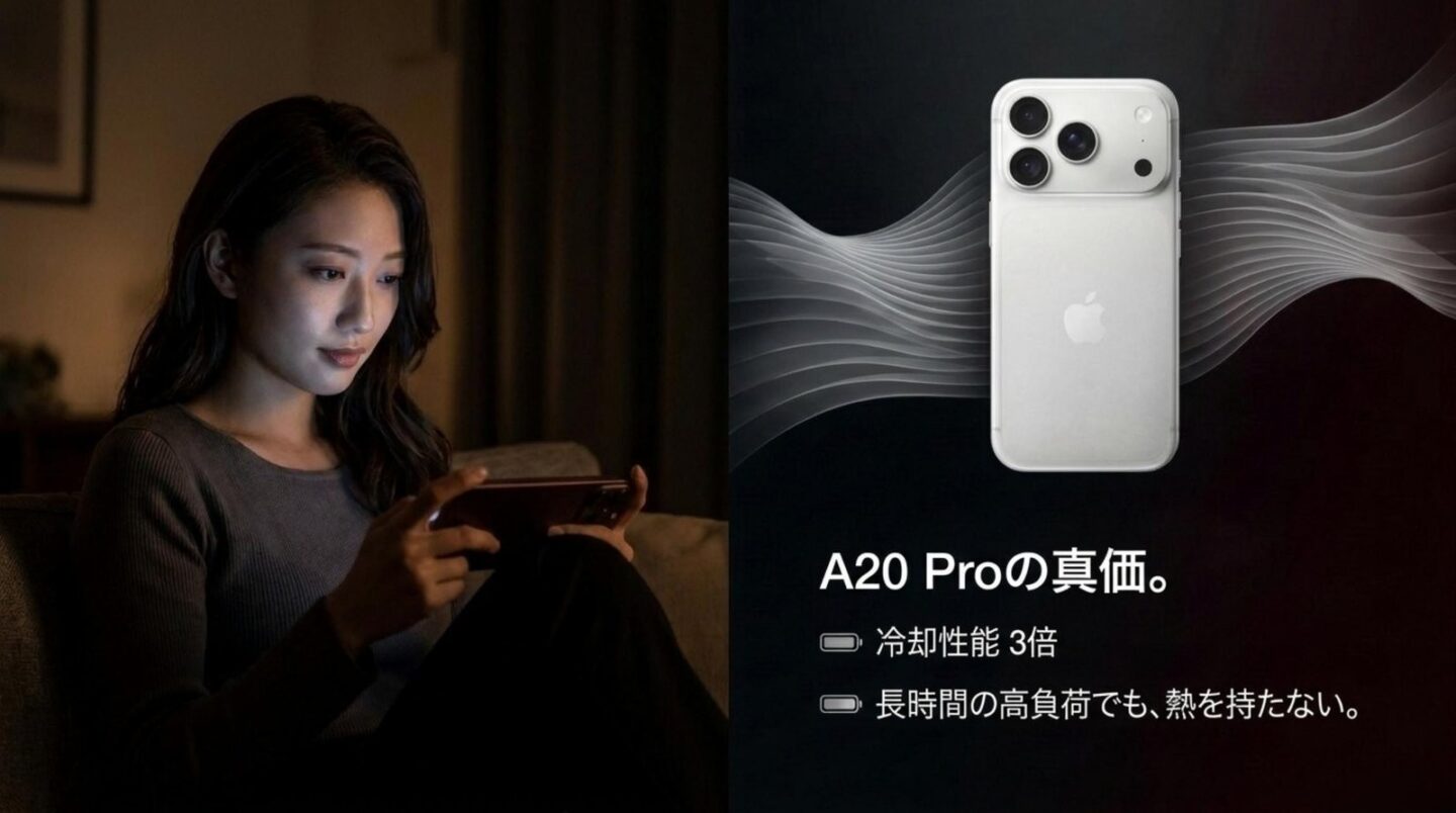 iPhone 18 ProのA20 Proと冷却性能 iPhone 18 ProのA20 Proと長時間の高負荷処理に関する進化を示すスライド