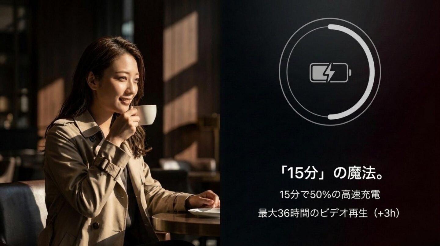 iPhone 18 Proの高速充電とバッテリー iPhone 18 Proの15分で50パーセント充電と最大36時間のビデオ再生を示すスライド