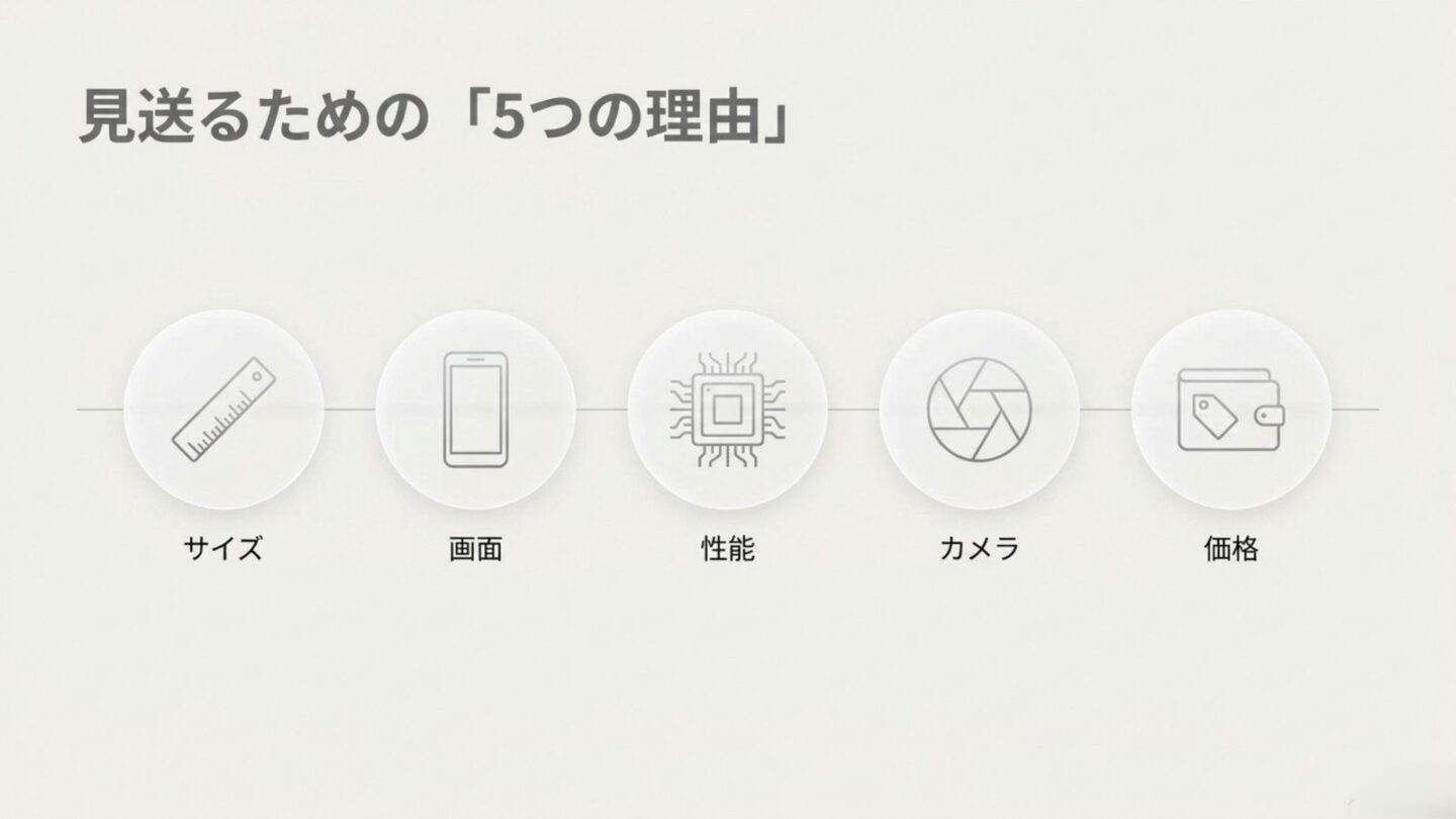 iPhone 18 Proを見送る理由としてサイズ、画面、性能、カメラ、価格を示した図